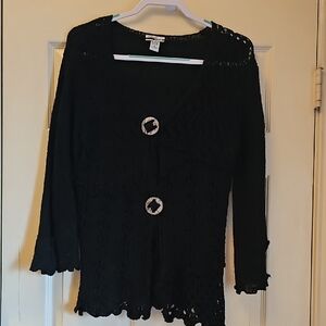 Chic Black Crochet Cardigan with Buckle Accents
